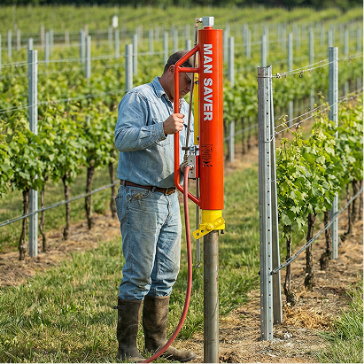 Person using a 'Man-Saver' device in a vineyard