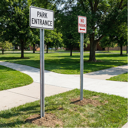 Two signs on a sidewalk: 'PARK ENTRANCE' and 'NO PARKING'.