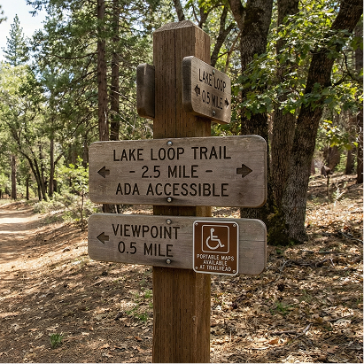 Wooden trail signpost with hiking trail directions in a forest setting